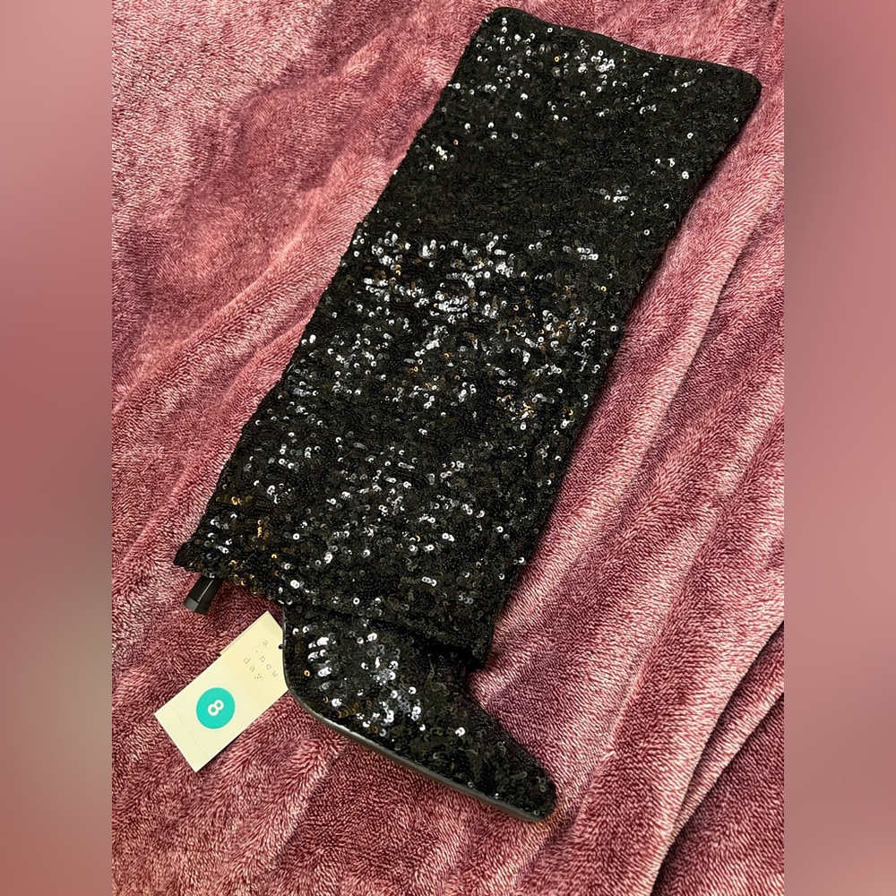 Black Sequin Heel Boots